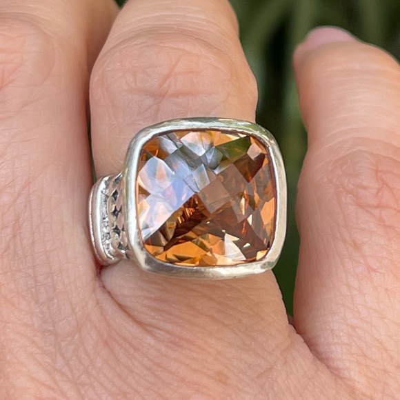 Cushion cut orange crystal sterling silver dot design heavy set size 6.0 ring - Picture 13 of 15